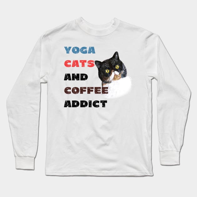 Yoga cats and coffee addict funny quote for yogi Long Sleeve T-Shirt by Red Yoga